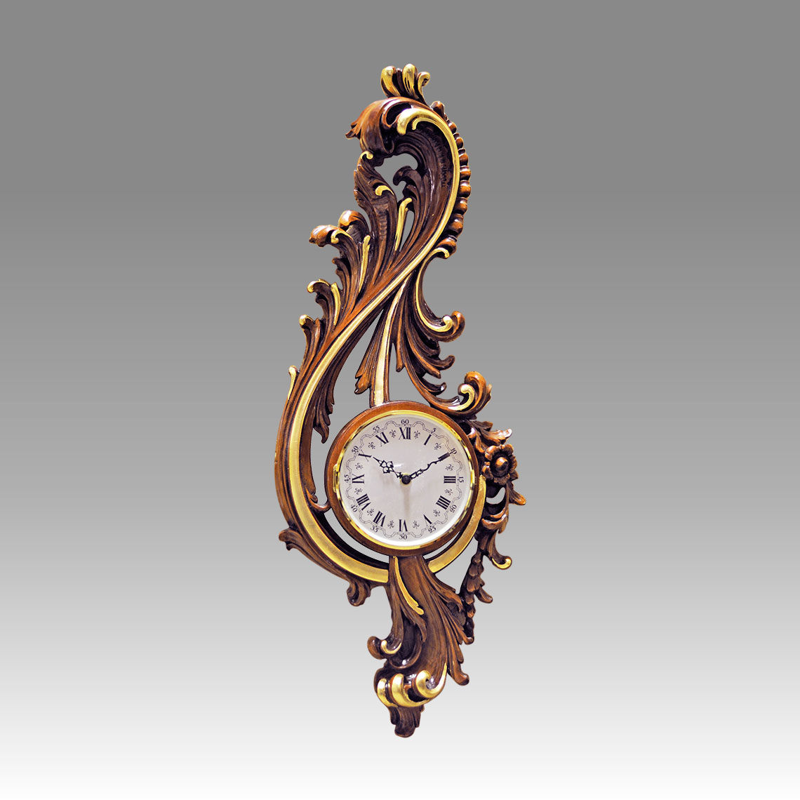 Wall Clock-Vienna Clock 208_1G walnut with gold leaf handcurved wood, quartz battery movement